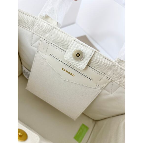 Sandro Kasbah Quilted Canvas Tote Bag Beige Cream Ecru Logo Minimalist $320 NWT - Picture 10 of 13